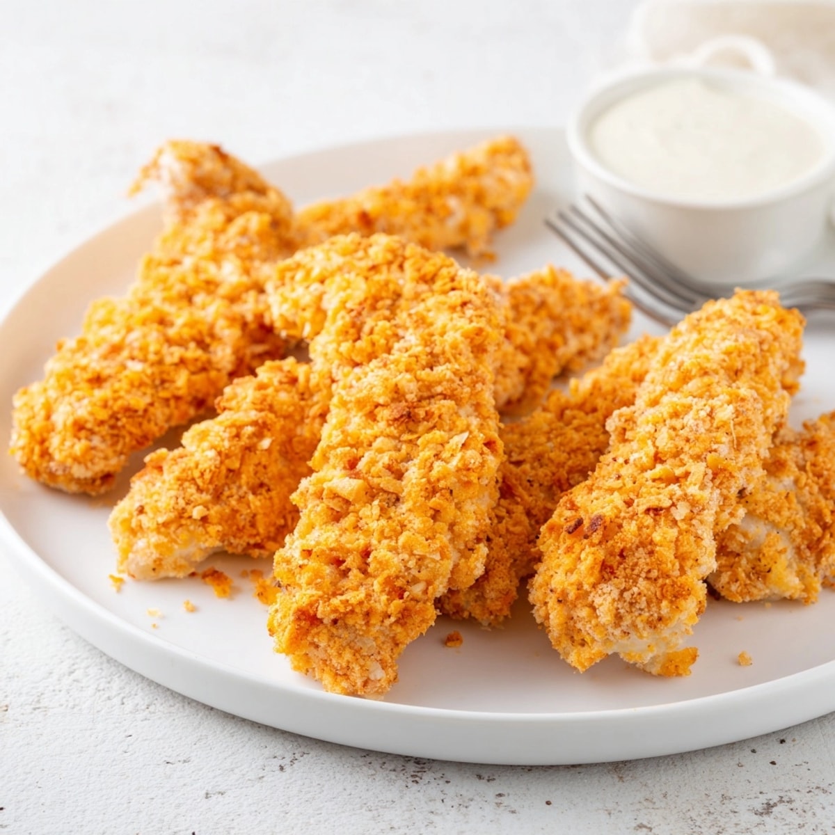 Juicy, oven-baked Crispy Baked Chicken Tenders served with ranch and honey mustard for dipping.