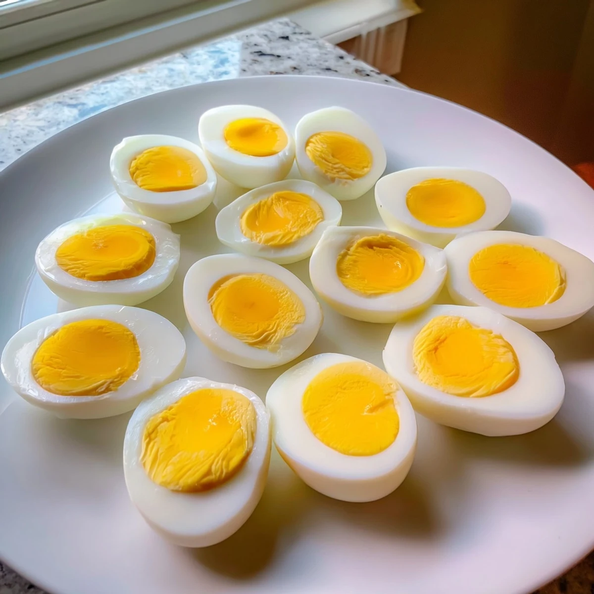 Freshly peeled perfect hard-boiled eggs sitting ready to eat with a sprinkle of salt and pepper.