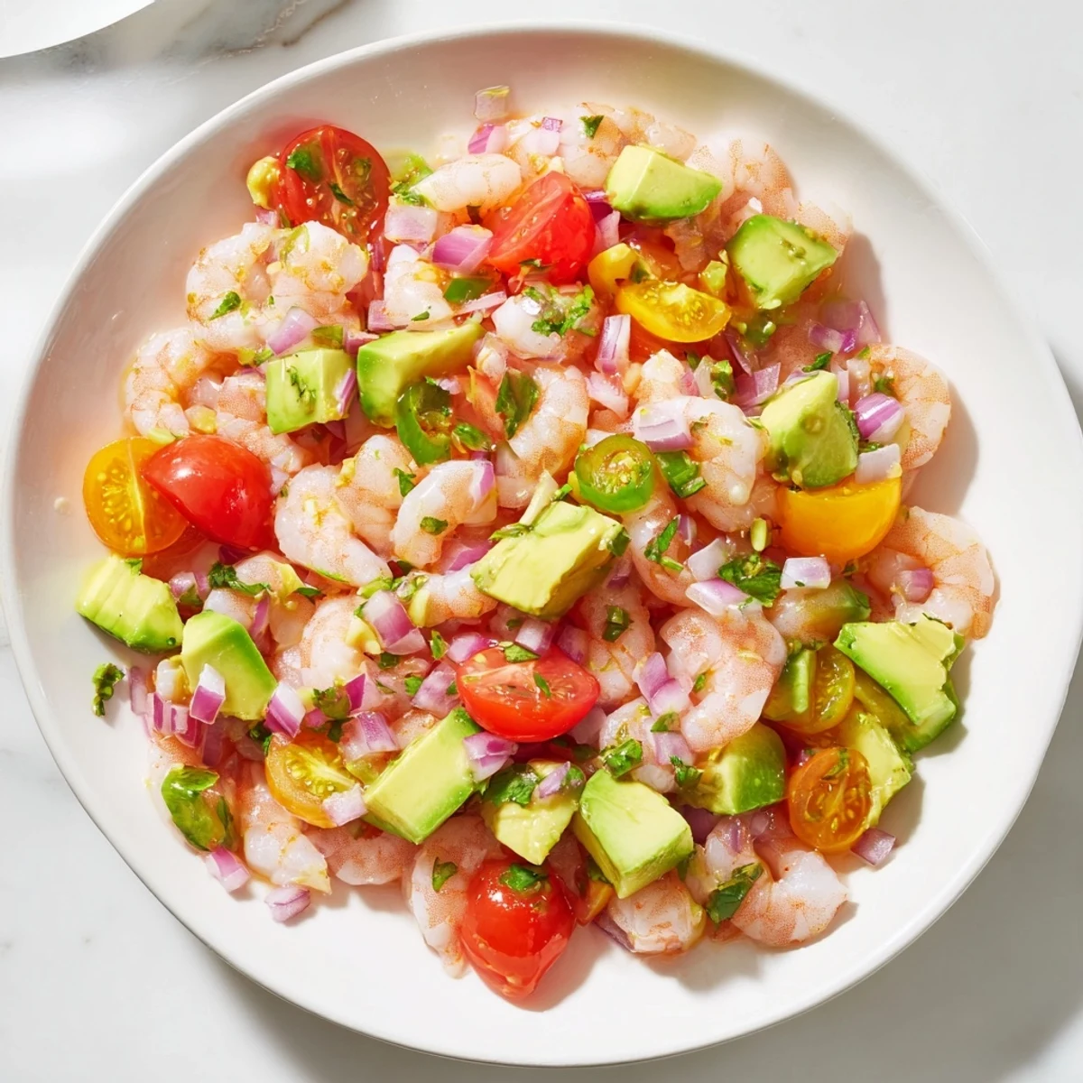 A close-up view of Light & Fresh Shrimp Ceviche: fresh herbs, vibrant shrimp, ready to enjoy.