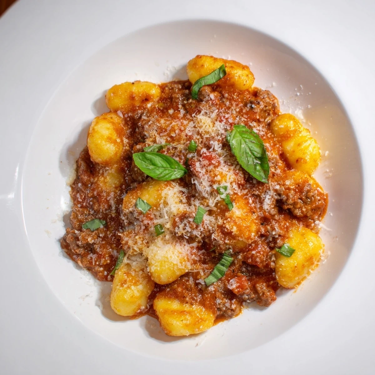 Close-up of steaming Creamy Tomato and Sausage Gnocchi, showing sausage, tomatoes, and perfect gnocchi.