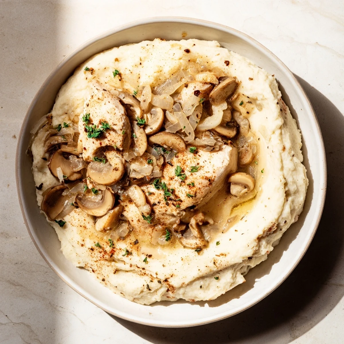 The Ghostly Gala recipe showcases tender chicken with fluffy cauliflower puree and peppered shadows.