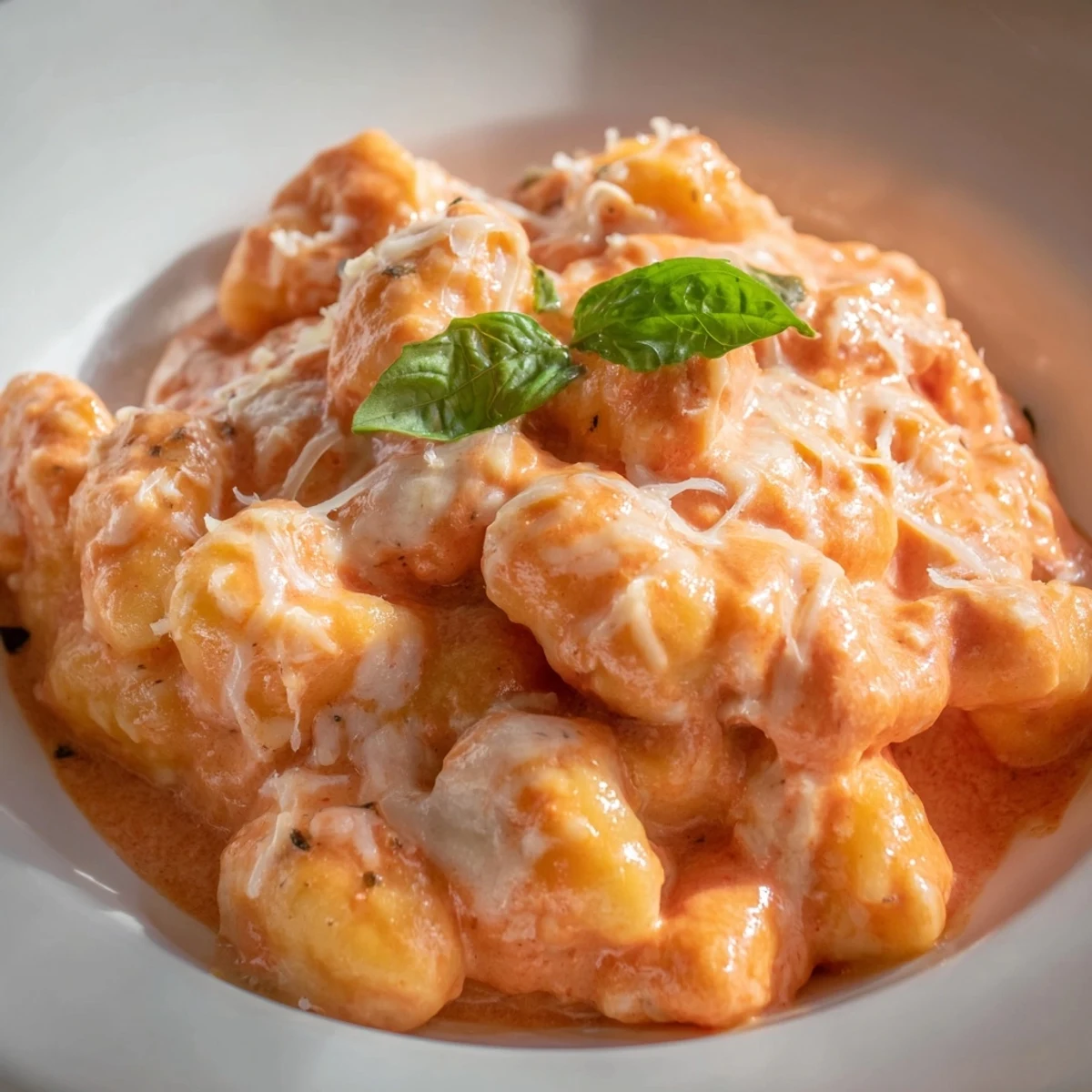 A skillet of rich Creamy Tomato Gnocchi, the creamy sauce coating the delicate potato dumplings perfectly.