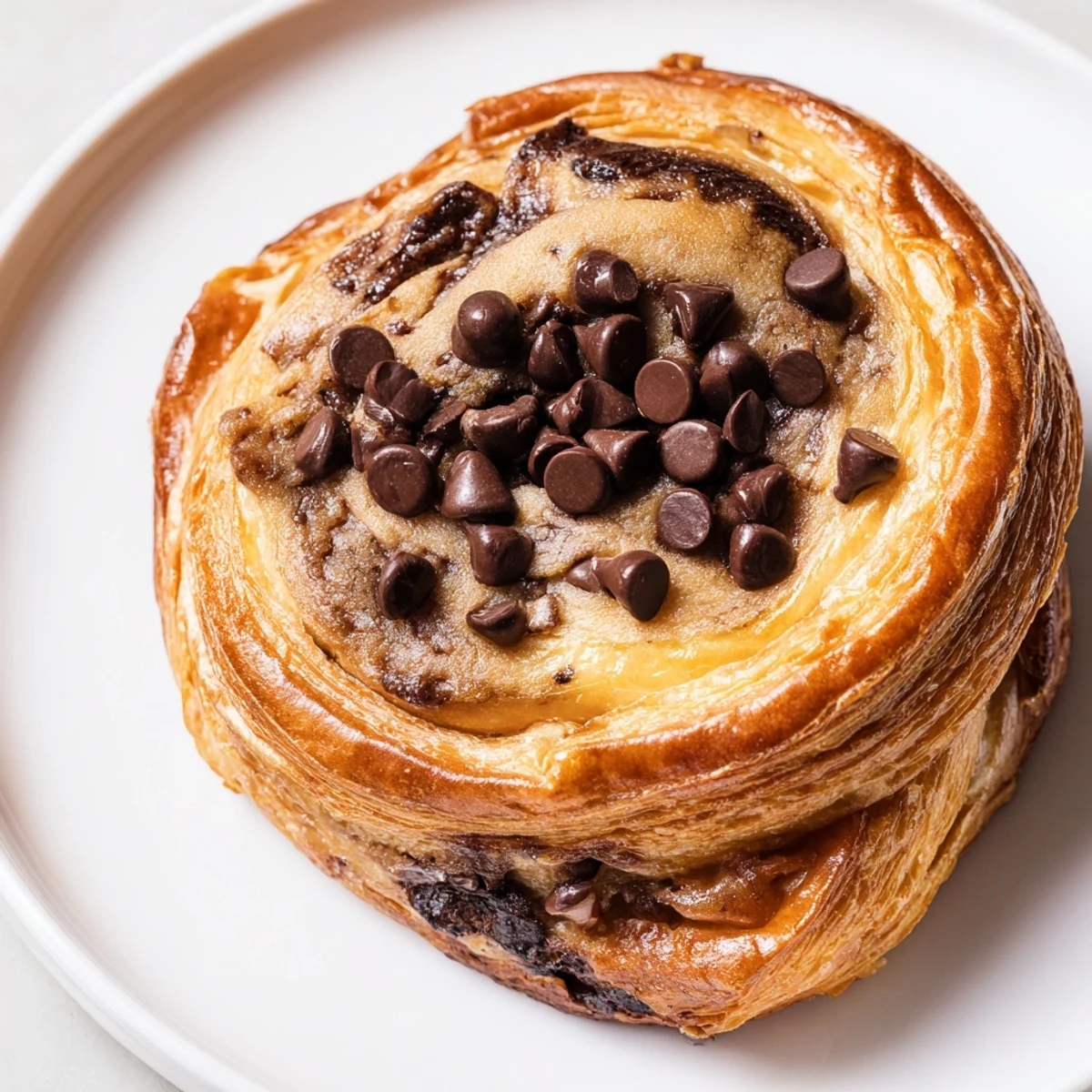 Warm, freshly baked Viral Crookie, highlighting a buttery croissant shell and melty chocolate chips.