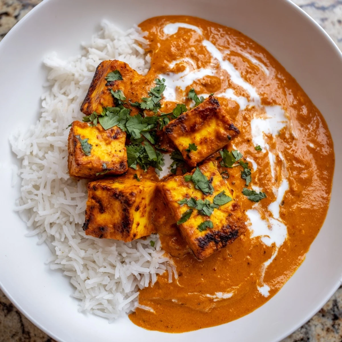 Creamy Paneer Tikka Masala, a beautiful Indian dish, served with fluffy white basmati rice.