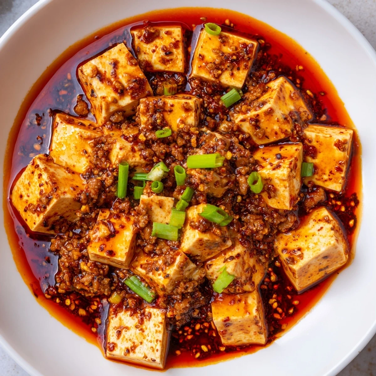 Steaming Chinese Mapo Tofu, a vibrant dish with soft tofu and spicy chili bean sauce.