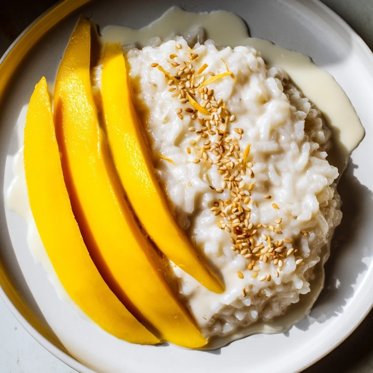 Warm, creamy Thai Mango Sticky Rice, garnished with sesame seeds and ripe mango slices, ready to savor.