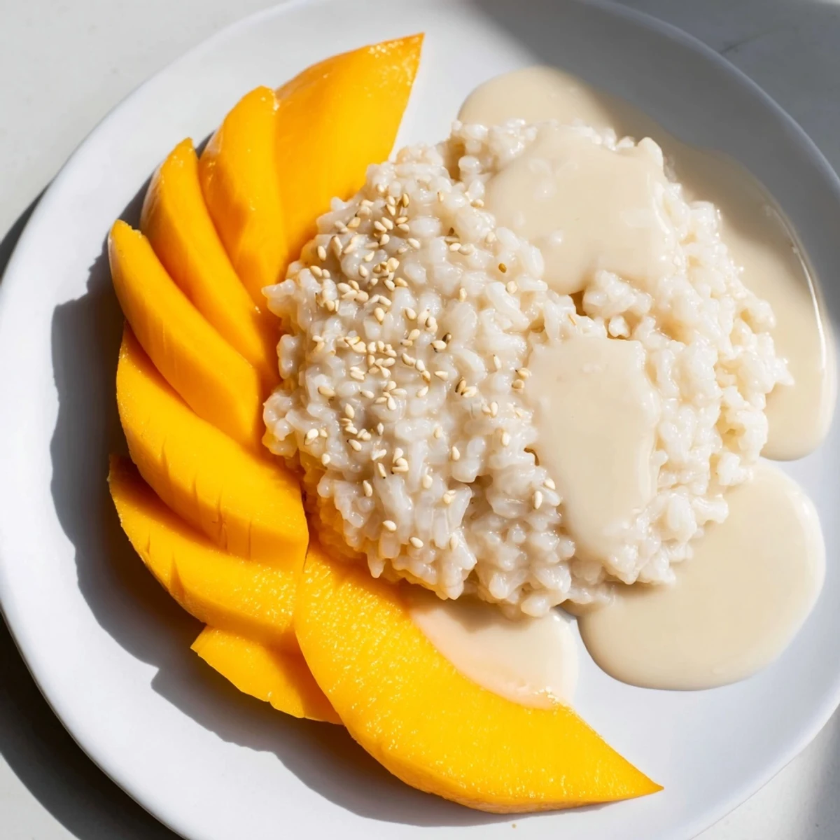 Close-up of freshly prepared, glistening Thai Mango Sticky Rice with its sweet mango and coconut sauce.