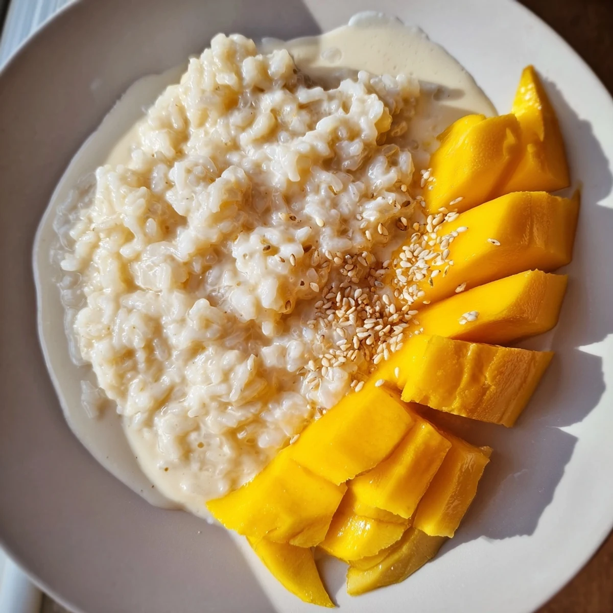 Golden mangoes alongside the creamy coconut rice: a beautiful, delicious Thai Mango Sticky Rice dessert.