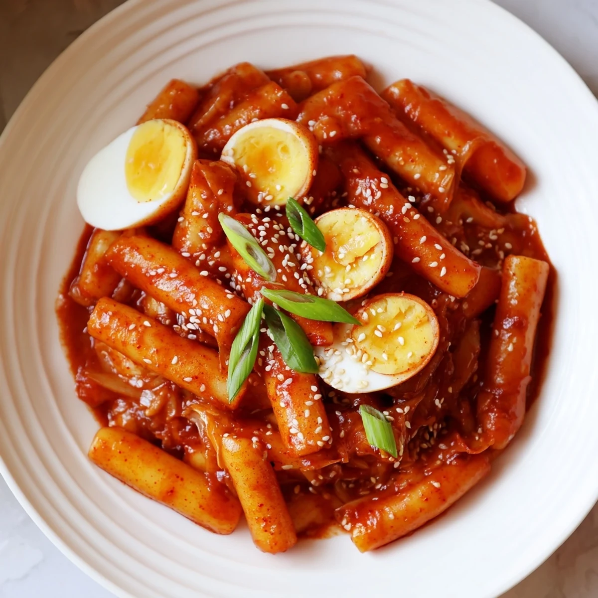 Steaming plate of Korean Tteokbokki; spicy rice cakes with soft boiled eggs, ready to eat.