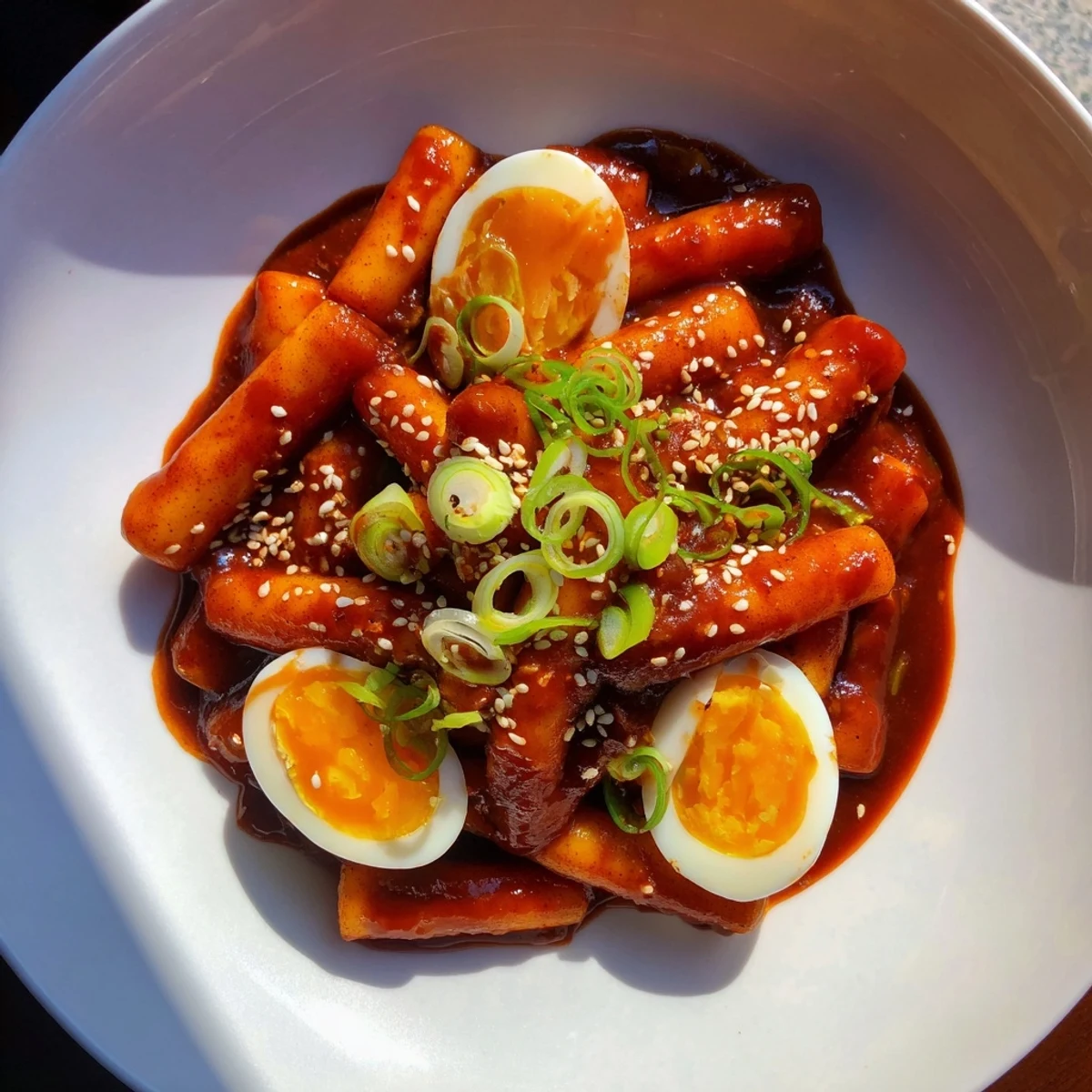 Close-up of vibrant, red Tteokbokki: chewy rice cakes soaking in a rich, flavorful gochujang sauce.