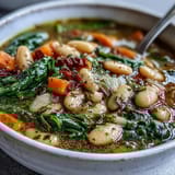 Warm bowl of hearty Tuscan white bean soup featuring tender vegetables and fragrant herbs, paired with golden, garlicky toasted bread.  