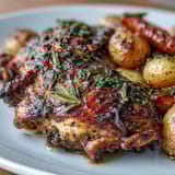 Aromatic herb roasted chicken thighs with tender baby potatoes and sweet carrots in a rustic one-pan dinner.  