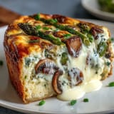 Tender asparagus and earthy mushrooms nestled in a savory egg custard atop a buttery sourdough crust, ideal for spring meals.