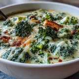 Velvety broccoli cheddar soup made healthier with Greek yogurt, served hot with crusty bread.  