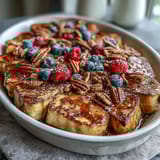 Golden-baked blueberry French toast casserole with juicy berries and a cinnamon sugar crust, perfect for a festive brunch spread.  