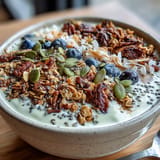 Creamy high fiber smoothie bowl showing vibrant fruit toppings and crunchy granola.