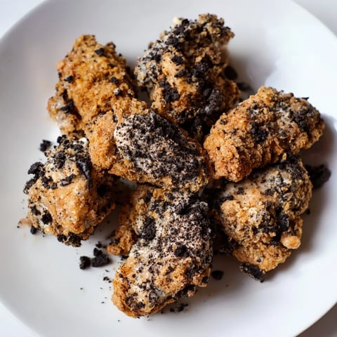 Golden-fried DIY KFC Oreo Krusher-inspired chicken tenders, crispy and coated with crushed, sweet Oreos.
