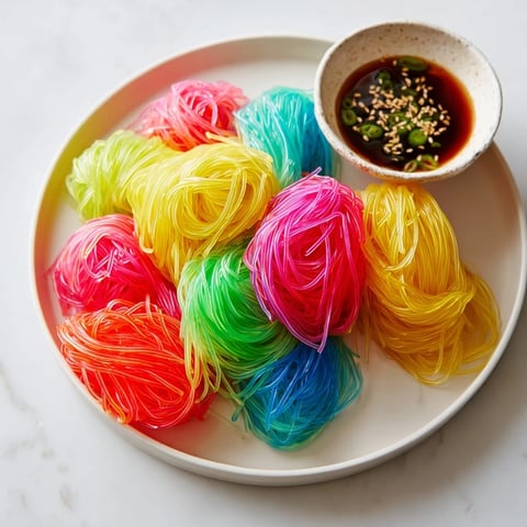 Brightly colored Neon Noodle Clouds, chilled and served with a flavorful, savory dipping sauce.