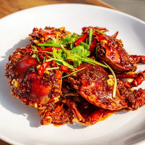 Steaming whole crabs coated in rich red Singaporean chili crab sauce, a delightful main dish.