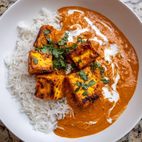 Creamy Paneer Tikka Masala, a beautiful Indian dish, served with fluffy white basmati rice.