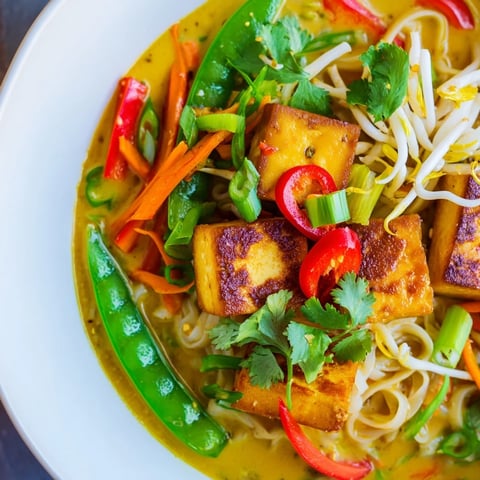 Steaming Malaysian Laksa curry with tofu, vegetables, and rice noodles, a deeply flavorful dish.