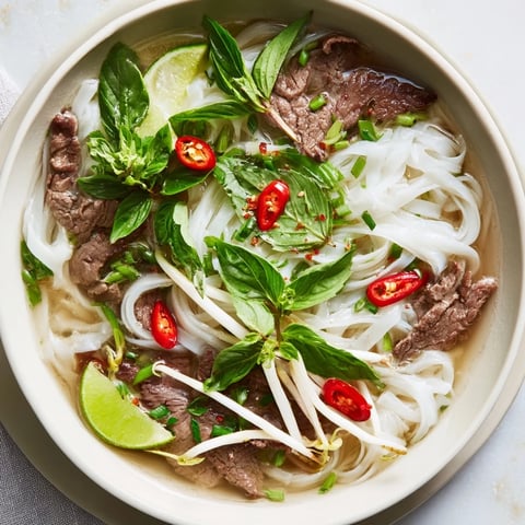 Steaming bowl of Vietnamese Pho Express with herbs and thinly sliced beef, ready to savor.