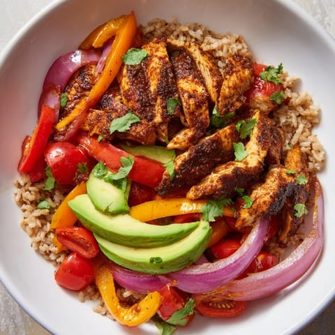 Make-Ahead Chicken Fajita Meal Prep Bowls: sizzling chicken, colorful peppers, and rice ready for a healthy lunch.