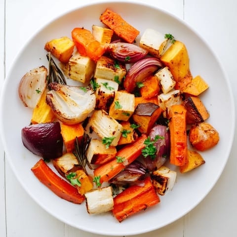 Golden-brown Roasted Root Vegetable Medley glistening with balsamic glaze, ready to serve warm.