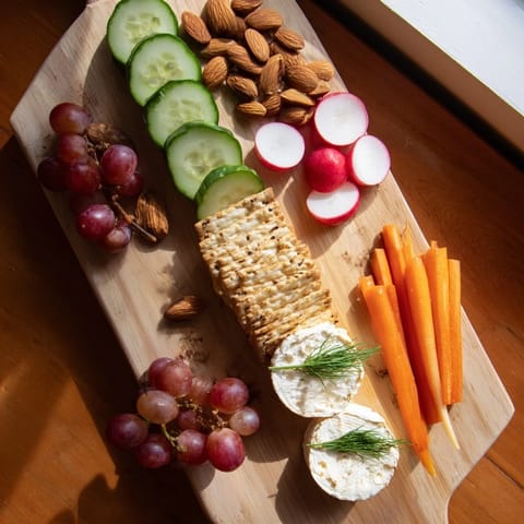 Gluten-free crackers and goat cheese elevate this Zen Balance, a visually striking appetizer platter.