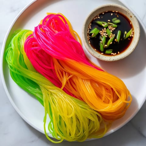 Vibrant swirls of neon-colored Neon Noodle Clouds, a playful appetizer with a unique texture.