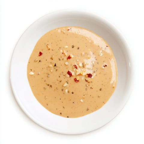 Thick, glossy Indonesian satay sauce being stirred in a saucepan; it smells of peanuts and fragrant spices.