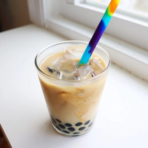 Creamy boba tea hack with instant tapioca pearls, sweetened condensed milk, and ice-filled glasses.
