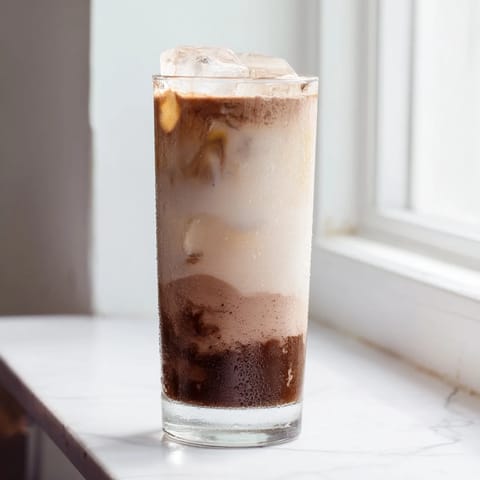 Homemade Milo ice latte in a clear glass, layered with rich chocolatey syrup, cold milk, and ice cubes, ready to sip.