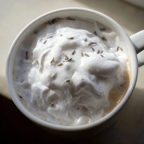 Two Whipped Lavender Lattes topped with cloud-like foam beside a jar of lavender syrup.
