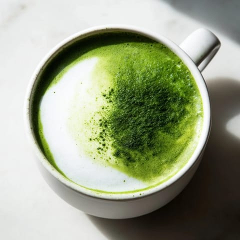 Creamy matcha latte in a white ceramic mug, topped with a delicate dusting of bright green matcha powder.  