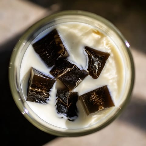 Creamy sweet milk and dark coffee jelly cubes in a tall glass, creating a delightful Japanese fusion beverage perfect for dessert or refreshment.
