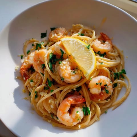Fresh parsley and grated Parmesan garnish the bright Lemon Garlic Shrimp Pasta, served with lemon wedges on the side for a zesty squeeze.