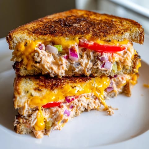 A close-up view of a Spicy Tuna Melt sandwich on a plate with a side of dill pickles.