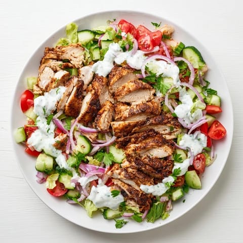 Tender grilled shawarma chicken adds smoky flavor to crisp lettuce, diced veggies, and tangy Greek yogurt sauce for a refreshing bowl.