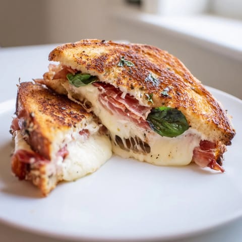 Crispy Prosciutto & Burrata Grilled Cheese sandwich sliced on a wooden board, melty cheese oozing and prosciutto visible inside.