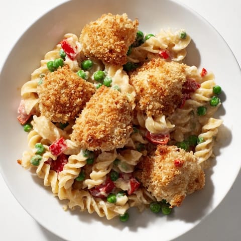 Hearty Crispy Chicken Ranch Pasta Salad, mixing tender pasta, crunchy fried chicken bites, and fresh veggies in a creamy homemade ranch dressing.