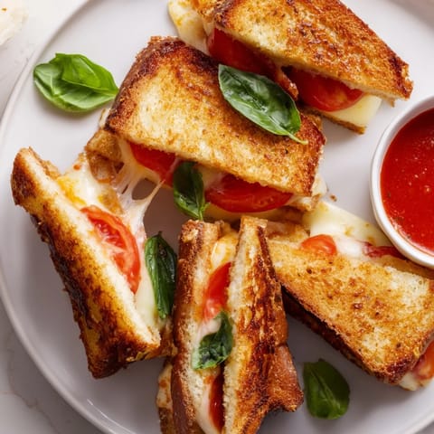 Caprese Grilled Cheese Dippers feature buttery sourdough strips with melted cheese and herbs, perfect for dipping into tangy sauce.  