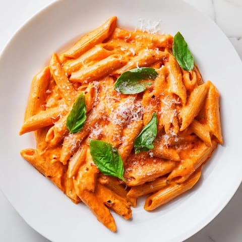 Close-up of Creamy Roasted Red Pepper Pasta in a white bowl, garnished with chopped parsley and grated Parmesan cheese.