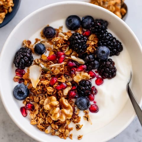 A finished Yogurt Bowl with Winter Berries and Spiced Crunch, garnished with nuts and seeds for a nourishing morning meal.