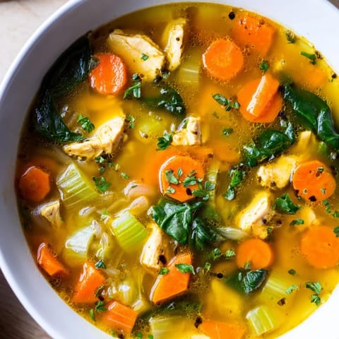 A steaming pot of turmeric chicken soup features carrots, celery, and spinach in a fragrant, golden broth, perfect for a cozy and healthy meal.