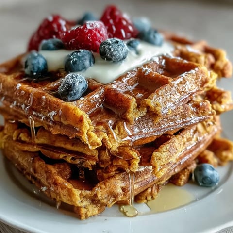 Juicy Anti-Inflammatory Adaptogenic Turmeric Waffles, steaming hot and perfectly crisp from the iron.
