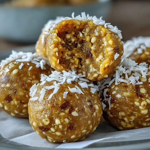 Vibrant ginger turmeric energy balls glistening with coconut, a healthy no-bake snack.