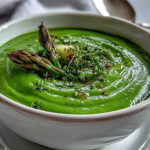 Steam rises from a vibrant green blended soup made with spinach, asparagus, broccoli, and cashews, perfect for a healthy lunch.