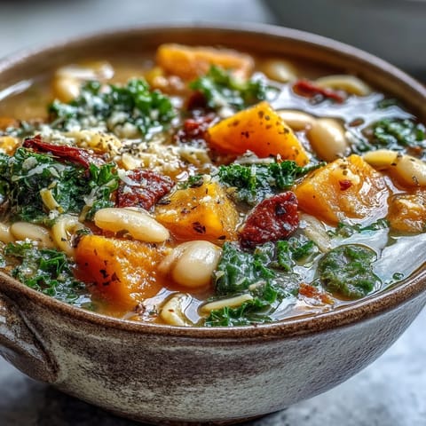 A steaming pot of Winter Minestrone Soup on a wooden table, surrounded by crusty bread and fresh ingredients.