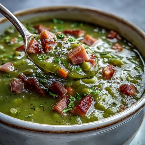 Creamy Split Pea and Ham Soup simmering in a pot, featuring tender peas, carrots, and chunks of savory ham.